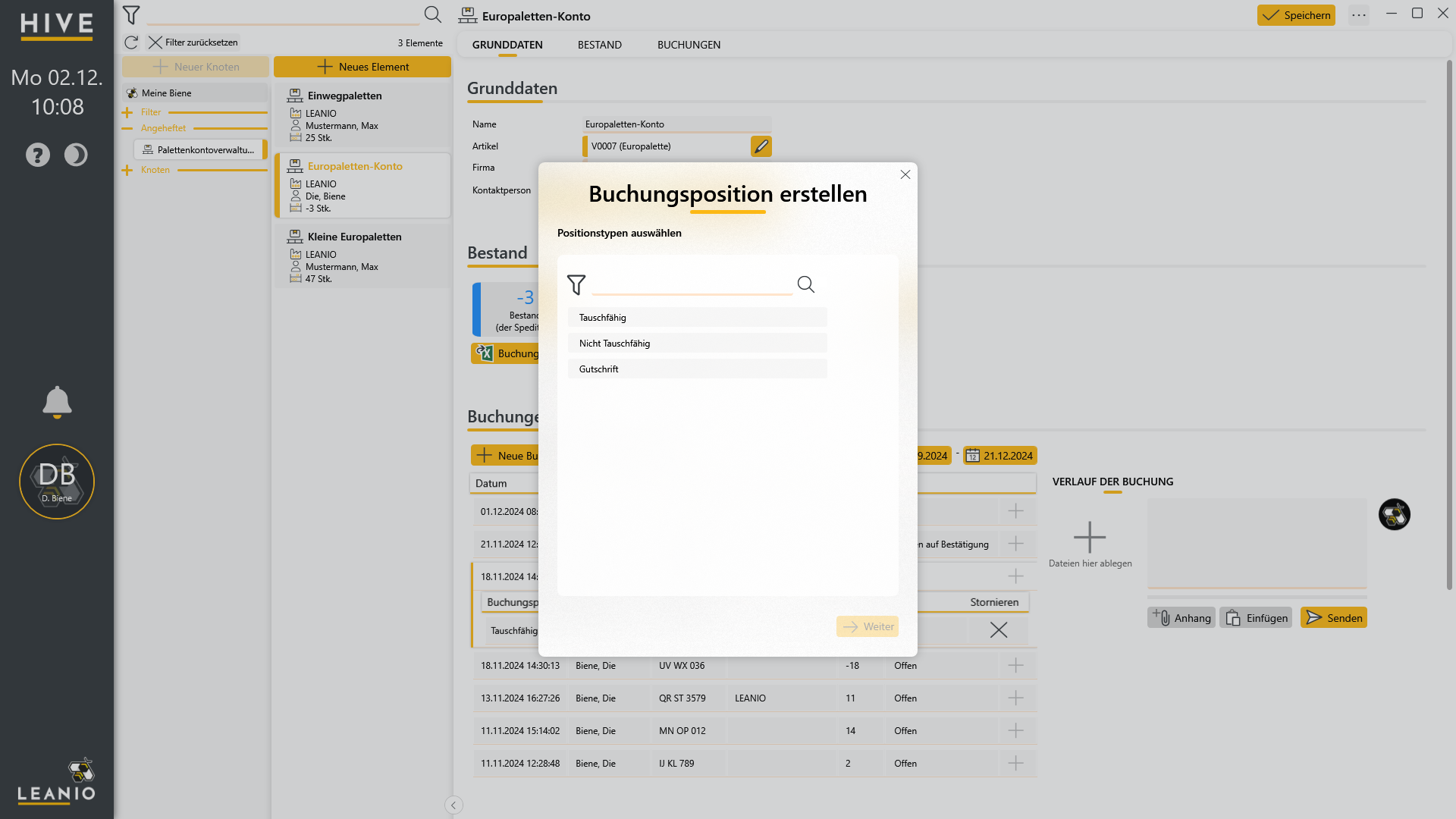 LEANIO Palettenkonto: Hive Palettenkonto EuropalettenKonto BuchungspositionErstellen
